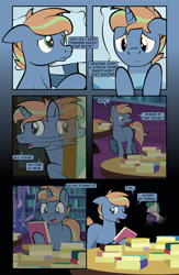 Size: 1920x2948 | Tagged: safe, artist:alexdti, derpibooru import, oc, oc only, oc:brainstorm (alexdti), oc:purple creativity, oc:star logic, pegasus, pony, unicorn, comic:quest for friendship retold, book, crying, horn, library, male, stallion, twilight's castle, twilight's castle library