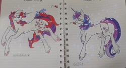 Size: 1024x554 | Tagged: safe, artist:youssoupoff, derpibooru import, glory, moondancer (g1), pony, unicorn, g1, blush scribble, blushing, bow, duo, duo female, female, horn, lesbian, lined paper, mare, notebook, raised hoof, raised leg, ship:glorydancer, shipping, tail, tail bow, traditional art, unshorn fetlocks