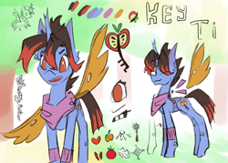 Size: 1949x1394 | Tagged: safe, artist:destiny_manticor, derpibooru import, oc, oc only, oc:key ti, changeling, hybrid, pony, apple, bandana, changeling hybrid, ear fluff, ears, female, food, freckles, front view, horn, insect wings, key, mare, open mouth, reference sheet, side view, sketch, solo, transparent wings, two toned hair, wings