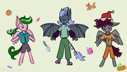 Size: 942x539 | Tagged: safe, artist:destiny_manticor, derpibooru import, oc, oc only, oc:foco deancad, oc:rosa caerula, oc:warten samitelas, bat pony, pegasus, pony, semi-anthro, clothes, digital art, female, male, plushie, pony plushie, robotic arm, simple background, t pose, wings