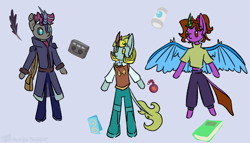 Size: 942x539 | Tagged: safe, artist:destiny_manticor, derpibooru import, oc, oc only, oc:destiny manticor, oc:liam seoan, oc:tailan fmtc-05, alicorn, kirin, pony, robot, semi-anthro, unicorn, android, claws, clothes, digital art, female, horn, male, plushie, pony plushie, simple background, t pose, wing claws, wings