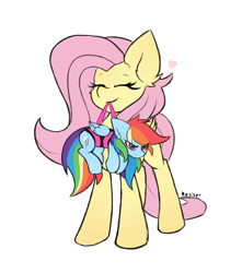 Size: 1500x1700 | Tagged: safe, artist:rejiser, derpibooru import, fluttershy, rainbow dash, pegasus, pony, g4, :3, angry, carrying, cute, duo, ear fluff, ears, eyes closed, female, flutterdash, folded wings, grumpy, heart, holding a pony, lesbian, mouth hold, shipping, simple background, size difference, smiling, smoldash, tail, tallershy, tiny, tiny ponies, white background, wings