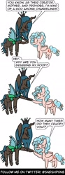 Size: 1000x2700 | Tagged: safe, artist:sneshpone, derpibooru import, cozy glow, queen chrysalis, changeling, changeling queen, pegasus, pony, g4, comic, crown, dialogue, duo, duo female, female, filly, foal, holes, horrified, implied crucifixion, jewelry, open mouth, open smile, regalia, shocked, simple background, smiling, speech bubble, white background