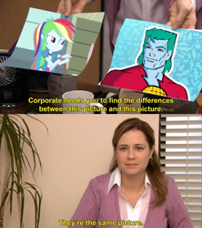 Size: 640x720 | Tagged: safe, derpibooru import, edit, screencap, rainbow dash, equestria girls, equestria girls (movie), g4, captain planet and the planeteers, exploitable meme, imgflip, meme, pam beesly, the office, they're the same picture