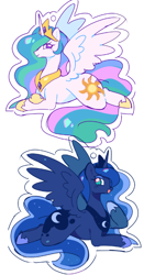 Size: 390x742 | Tagged: safe, artist:melochiau, derpibooru import, part of a set, princess celestia, princess luna, alicorn, pony, g4, blue coat, blue eyes, blue mane, blue tail, blushing, butt, crown, duo, duo female, ethereal mane, ethereal tail, eyebrows, eyebrows visible through hair, eyelashes, eyeshadow, female, hoof shoes, horn, jewelry, keychain, large butt, long horn, long mane, long tail, looking back, lying down, makeup, mare, multicolored mane, multicolored tail, open mouth, open smile, peytral, princess shoes, prone, purple eyes, raised hoof, raised leg, regalia, royal sisters, siblings, simple background, sisters, sketch, smiling, spread wings, starry mane, starry tail, sticker, tail, thighs, thunder thighs, tiara, wavy mane, wavy tail, white background, white coat, wing fluff, wingding eyes, wings, wip