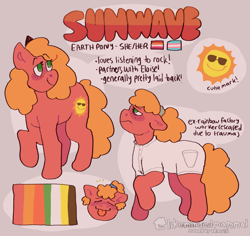 Size: 1274x1205 | Tagged: safe, artist:vemrill, derpibooru import, oc, earth pony, pony, earth pony oc, female, lesbian, lesbian pride flag, pride, pride flag, pronouns, red coat, reference sheet, smiling, solo, sun, trans female, transgender, transgender pride flag