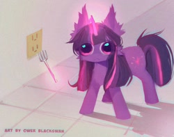 Size: 1024x805 | Tagged: safe, artist:blcksswn, derpibooru import, twilight sparkle, unicorn twilight, pony, unicorn, :<, alternate eye color, big ears, big eyes, chest fluff, ear fluff, ears, electrical outlet, eye clipping through hair, female, fork, glowing, glowing horn, grainy, horn, imminent death, imminent pain, lineless, long horn, magic, mare, multicolored mane, multicolored tail, pink eyes, purple coat, purple mane, purple tail, signature, small pony, solo, standing, tail, telekinesis, this will end in death, this will end in pain, wide eyes, wide stance