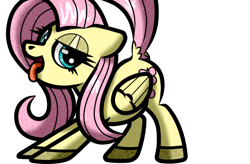 Size: 780x512 | Tagged: safe, artist:scandianon, derpibooru import, fluttershy, pegasus, pony, bedroom eyes, ears back, female, iwtcird, looking at you, mare, meme, raised tail, simple background, smiling, tail, tongue, tongue out, white background