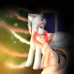 Size: 2000x2000 | Tagged: safe, artist:sheru, derpibooru import, oc, oc:damiyan, oc:kllasiya, pegasus, unicorn, christmas, christmas tree, eyes closed, holiday, horn, hug, old art, tree, wings