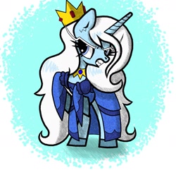 Size: 1849x1832 | Tagged: safe, artist:scandianon, derpibooru import, pony, unicorn, adventure time, clothes, crown, female, furrowed brow, grimace, horn, ice queen, jewelry, mare, ponified, rearing, regalia, rule 63, sharp teeth, species swap, teeth