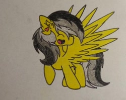 Size: 612x486 | Tagged: safe, artist:cherry.317, derpibooru import, oc, oc:thunder (fl), pegasus, pony, smiling, spread wings, traditional art, wings