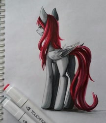 Size: 612x708 | Tagged: safe, artist:lunarcat101, derpibooru import, oc, oc:kira (fl), pegasus, pony, butt, looking at you, looking back, signature, smiling, solo, three quarter view, traditional art