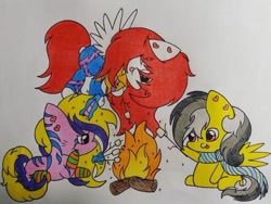 Size: 640x481 | Tagged: safe, artist:cherry.317, derpibooru import, oc, oc:kira (fl), oc:thunder (fl), pegasus, pony, unicorn, campfire, chibi, flying, food, horn, marshmallow, pijamas, trio, unnamed oc