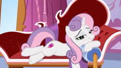 Size: 1366x768 | Tagged: safe, artist:lunaticdawn, derpibooru import, sweetie belle, pony, unicorn, g4, adorasexy, bedroom eyes, blushing, carousel boutique, cute, fainting couch, female, horn, looking at you, lying down, mare, older, older sweetie belle, pillow, pose, relaxing, resting, seductive look, seductive pose, sexy, smiling, sofa, solo, sultry pose