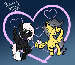 Size: 1873x1612 | Tagged: safe, artist:razor uniboop, derpibooru import, oc, oc:onyxstar (fl), oc:thunder (fl), pegasus, pony, couple, duo, heart, heart background, letter, love letter shy, oc x oc, raised hoof, raised leg, shipping