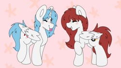 Size: 360x203 | Tagged: safe, artist:emeraldthepony, derpibooru import, oc, oc:kira (fl), oc:nara (fl), alicorn, pegasus, pony, one eye closed, siblings, simple background, smiling, stars, wink