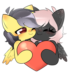 Size: 2310x2436 | Tagged: safe, artist:arwencuack, derpibooru import, oc, oc:onyxstar (fl), oc:thunder (fl), pegasus, pony, commission, couple, duo, heart, shipping, simple background, white background, ych result, your character here