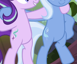 Size: 563x473 | Tagged: safe, derpibooru import, screencap, starlight glimmer, trixie, pony, road to friendship, belly, bipedal, cropped, duo, pictures of bellies, round belly, smiling