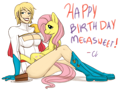 Size: 1105x817 | Tagged: safe, artist:cartoonlion, derpibooru import, fluttershy, human, pegasus, pony, g4, boob window, breasts, cake, cleavage, clothes, crossover, dc comics, duo, duo female, female, food, happy birthday, looking at you, mare, power girl, powergirl, simple background, smiling, smiling at you, white background