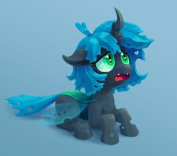 Size: 1719x1511 | Tagged: safe, artist:impamy, derpibooru import, oc, oc:anon filly, oc:changeling filly anon, changeling, changeling queen, nymph, begging, blue mane, cute, cute little fangs, fangs, female, filly, foal, gradient background, green eyes, heart, heart eyes, horn, insect wings, pleading, simple background, solo, species swap, wingding eyes, wings