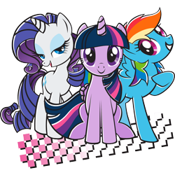 Size: 2048x2048 | Tagged: artist needed, safe, alternate version, derpibooru import, rainbow dash, rarity, twilight sparkle, twilight sparkle (alicorn), alicorn, pegasus, pony, unicorn, g4, abstract background, black outlines, checkered, closed mouth, female, folded wings, grin, horn, lidded eyes, looking at you, mare, official, open mouth, open smile, raised hoof, raised leg, retro, simple background, smiling, spread wings, stock vector, transparent background, trio, trio female, wings, zazzle
