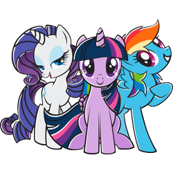 Size: 2048x2048 | Tagged: artist needed, safe, alternate version, derpibooru import, rainbow dash, rarity, twilight sparkle, twilight sparkle (alicorn), alicorn, pegasus, pony, unicorn, g4, black outlines, closed mouth, female, folded wings, grin, horn, lidded eyes, looking at you, mare, official, open mouth, open smile, raised hoof, raised leg, simple background, sitting, smiling, spread wings, standing, stock vector, transparent background, trio, trio female, vector, wings, zazzle