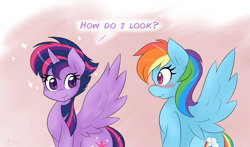 Size: 1901x1119 | Tagged: dead source, safe, artist:ambris, derpibooru import, rainbow dash, twilight sparkle, twilight sparkle (alicorn), alicorn, pegasus, pony, castle sweet castle, g4, alternate hairstyle, blushing, colored pupils, cute, dashabetes, duo, duo female, female, gradient background, horn, lesbian, looking at each other, looking at someone, mare, pink background, punklight sparkle, shipping, simple background, smiling, spread wings, twiabetes, twidash, wingboner, wings