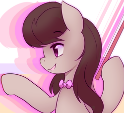 Size: 1563x1427 | Tagged: safe, artist:pekou, derpibooru import, octavia melody, earth pony, pony, g4, bow, bow (instrument), bowtie, eyebrows, eyebrows visible through hair, female, hoof hold, juxtaposition bait, mare, open mouth, profile, smiling, solo