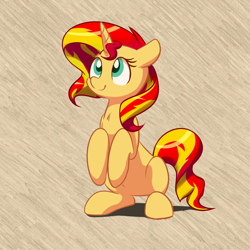 Size: 1280x1280 | Tagged: safe, artist:acersiii, derpibooru import, sunset shimmer, pony, unicorn, g4, begging, colored pupils, cute, female, hooves to the chest, horn, looking up, mare, shimmerbetes, sitting, smiling, solo, stray strand