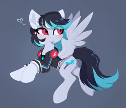 Size: 3333x2864 | Tagged: safe, artist:magnaluna, derpibooru import, oc, oc only, pegasus, pony, blue background, blushing, clothes, cute, eye clipping through hair, eyebrows, eyebrows visible through hair, female, head turn, headphones, heart, high res, hoodie, looking back, mare, pegasus oc, side view, simple background, solo, spread wings, tongue, tongue out, wings