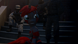 Size: 3840x2160 | Tagged: safe, derpibooru import, oc, oc:blushyblack, human, unicorn, 3d, gmod, horn, looking at you, looking up, petting, smiling, soldier, stairs