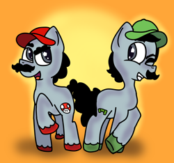 Size: 1472x1377 | Tagged: safe, artist:bloodiebitez, derpibooru import, idw, crystal pony, pony, brothers, facial hair, full body, luigi, male, mar10, mar10 day, mario, mario day, moustache, mushroom, one eye closed, pipe (plumbing), plumber, raised hoof, raised leg, siblings, simple background, simple shading, super mario bros., twins, warp pipe, wink