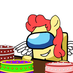 Size: 1280x1280 | Tagged: safe, artist:josephthedumbimpostor, derpibooru import, oc, oc only, oc:power star, among us, cake, food, happy, rule 85, simple background, smiling, solo, super mario 64, white background