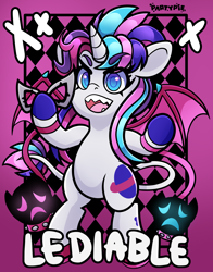 Size: 4700x6000 | Tagged: safe, artist:partypievt, derpibooru import, masquerade, oc, oc:party pie, classical unicorn, pony, unicorn, absurd resolution, bat wings, card, card game, clothes, cloven hooves, collar, eye clipping through hair, eyebrows, eyebrows visible through hair, female, fringe, horn, joker (persona), kiss mark, leash, leonine tail, lipstick, looking at you, looking down, looking down at you, mare, mask, masquerade mask, persona, persona 5, ponytail, sharp teeth, shoes, solo, teeth, unshorn fetlocks, vtuber, wings