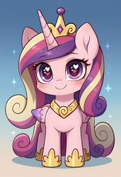 Size: 3328x4864 | Tagged: safe, ai content, derpibooru import, generator:pony diffusion v6 xl, generator:purplesmart.ai, generator:stable diffusion, machine learning generated, princess cadance, alicorn, pony, g4, blushing, chibi, crown, cute, cutedance, female, folded wings, gradient background, heart, heart eyes, high res, horn, jewelry, mare, prompter:lerkyboy, regalia, smiling, solo, sparkles, wingding eyes, wings