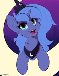 Size: 2000x2600 | Tagged: safe, artist:skitsroom, derpibooru import, princess luna, alicorn, pony, g4, cute, cute little fangs, fangs, female, looking at you, lunabetes, mare, moon, open mouth, open smile, s1 luna, smiling, smiling at you, solo, stars, tangible heavenly object