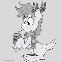 Size: 2048x2048 | Tagged: safe, artist:juniverse, derpibooru import, oc, oc only, deer, deer pony, hybrid, original species, pony, clothes, commission, commission example, drink, gray background, juice, juice box, male, scarf, simple background, solo, striped scarf