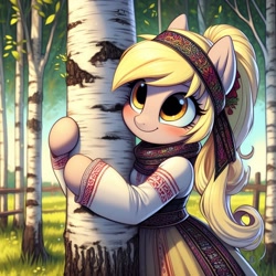 Size: 1024x1024 | Tagged: source needed, safe, ai content, derpibooru import, machine learning generated, derpy hooves, semi-anthro, g4, blushing, clothes, dress, fence, flower, flower in hair, forest, headband, nature, ponytail, prompter needed, russian, scarf, slavic, solo, tree