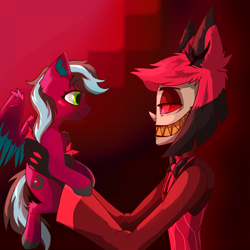 Size: 1600x1600 | Tagged: safe, artist:krais, derpibooru import, oc, oc:razzmatazz gleam, bat, bat pony, deer, demon, hybrid, pegabat, pegasus, pony, undead, wendigo, alastor, crossover, deer demon, duo, duo male and female, female, hazbin hotel, hellaverse, holding a pony, looking at each other, looking at someone, male, mare, overlord demon, sinner demon, size difference, smiling, smiling at each other, that's entertainment