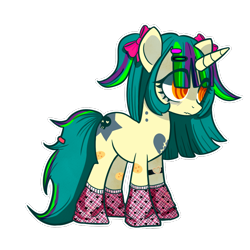 Size: 1000x1000 | Tagged: safe, artist:cottimiau, derpibooru import, oc, oc only, oc:zombie crunch, unicorn, bags under eyes, barrette, bow, clothes, female, hair bow, horn, pigtails, simple background, socks, solo, swirly eyes, transparent background