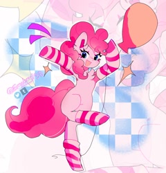 Size: 1932x2013 | Tagged: safe, artist:emoboy130, derpibooru import, pinkie pie, earth pony, pony, g4, abstract background, anatomically incorrect, balloon, belly, bipedal, chest fluff, clothes, cute, diapinkes, emanata, female, hooves in air, incorrect leg anatomy, mare, open mouth, socks, solo, sparkles, standing, standing on one leg, striped socks, watermark