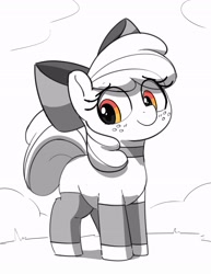 Size: 2257x2921 | Tagged: safe, artist:pabbley, derpibooru import, apple bloom, earth pony, pony, g4, adorabloom, blank flank, choker, clothes, cute, eye clipping through hair, female, freckles, grayscale, leg warmers, mare, monochrome, partial color, simple background, smiling, solo, white background