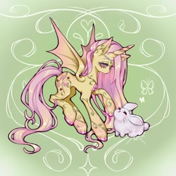 Size: 2048x2048 | Tagged: safe, artist:periwinki3, derpibooru import, angel bunny, fluttershy, alicorn, hybrid, pony, rabbit, g4, alicornified, alternate eye color, animal, bags under eyes, bat pony hybrid, bat wings, colored hooves, colored wings, concave belly, duo, duo male and female, ear fluff, ears, female, fluttercorn, frown, gradient ears, gradient horn, gradient wings, hooves in air, horn, jewelry, lidded eyes, long horn, long legs, long mane, long tail, male, mare, multicolored eyes, patterned background, pink mane, pink tail, plant, race swap, shiny hoof, shiny mane, shiny tail, signature, slender, spread wings, tail, thin, unicorn horn, unshorn fetlocks, vine, wingding eyes, wings, yellow coat