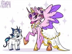 Size: 2560x1920 | Tagged: safe, artist:nymph, derpibooru import, princess cadance, shining armor, alicorn, pony, unicorn, g4, clothes, concave belly, dress, duo, female, heart, height difference, hoof shoes, horn, lidded eyes, looking at you, male, mare, meme, princess shoes, raised hoof, raised leg, shiningcadance, shipping, shoes, simple background, slender, spread wings, stallion, straight, the bride and the ugly ass groom, thin, toy interpretation, wedding dress, white background, wings