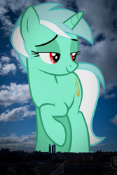 Size: 685x1023 | Tagged: safe, artist:tardifice, derpibooru import, edit, editor:jaredking779, lyra heartstrings, pony, unicorn, g4, attack on pony, background pony, female, giant pony, giantess, highrise ponies, horn, irl, lidded eyes, macro, madrid, mare, photo, ponies in real life, raised hoof, raised leg, red eyes, smiling, solo, spain, story included