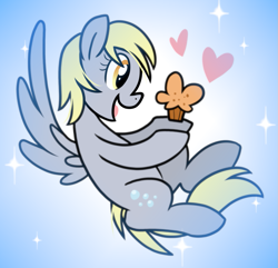 Size: 1009x971 | Tagged: safe, artist:paperbagpony, derpibooru import, derpy hooves, g4, cute, derpabetes, floating heart, food, heart, muffin, sparkles