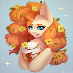 Size: 2000x2000 | Tagged: safe, artist:villjulie, derpibooru import, pear butter, earth pony, pony, g4, buttercup, flower, flower in hair, food, jam, licking, licking lips, solo, tongue, tongue out