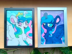 Size: 4000x3000 | Tagged: safe, artist:cutepencilcase, derpibooru import, princess celestia, princess luna, alicorn, pony, g4, female, frown, glass painting, luna is not amused, no pupils, royal sisters, siblings, sisters, smiling, traditional art, unamused