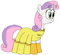 Size: 930x861 | Tagged: safe, artist:kwjibo-deviations, derpibooru import, sweetie belle, pony, unicorn, g4, beauty and the beast, belle, clothes, dress, evening gloves, female, filly, foal, gloves, gown, horn, long gloves, namesake, pun, simple background, smiling, solo, transparent background, visual pun