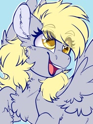 Size: 1536x2048 | Tagged: safe, artist:haywaiianhorse, derpibooru import, derpy hooves, pegasus, pony, g4, bust, cheek fluff, chest fluff, cute, derpabetes, ear fluff, ears, eye clipping through hair, female, fluffy, mare, open mouth, open smile, portrait, smiling, solo, spread wings, wings